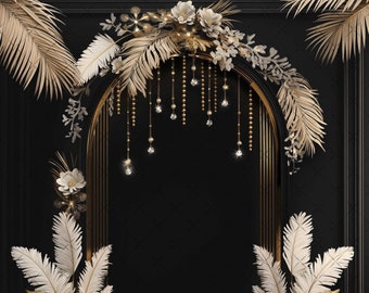 Elegant Black & Gold Digital Photography Backdrop Feathers and Pampas Digital Background Modern Photography Backdrop Birthday Anniversary