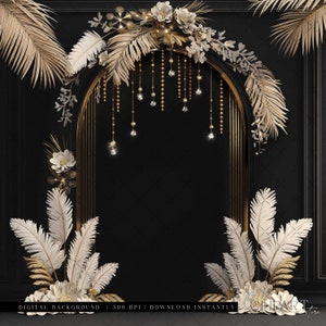 Elegant Black & Gold Digital Photography Backdrop Feathers and Pampas Digital Background Modern Photography Backdrop Birthday Anniversary
