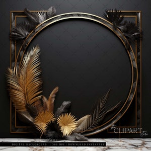 Elegant Black & Gold Digital Photography Backdrop Feathers and Pampas Digital Background Modern Photography Backdrop Birthday Anniversary