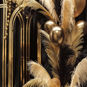 Elegant Black & Gold Digital Photography Backdrop Feathers and Pampas Digital Background Modern Photography Backdrop Birthday Anniversary