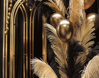 Elegant Black & Gold Digital Photography Backdrop Feathers and Pampas Digital Background Modern Photography Backdrop Birthday Anniversary