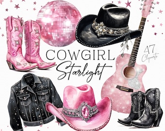 Coastal Cowgirl Clipart Bundle Watercolor Cowgirl Boots Disco Cowgirl Digital Download PNG Cowgirl Bachelorette Pink Cowgirl Clip Art