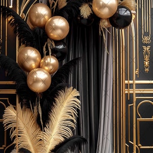 Elegant Black & Gold Digital Photography Backdrop Feathers and Pampas Digital Background Modern Photography Backdrop Birthday Anniversary
