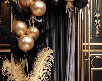 Elegant Black & Gold Digital Photography Backdrop Feathers and Pampas Digital Background Modern Photography Backdrop Birthday Anniversary
