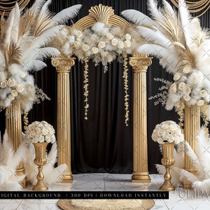 Elegant Black & Gold Digital Photography Backdrop Feathers and Pampas Digital Background Modern Photography Backdrop Birthday Anniversary