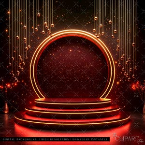 May include: A red and gold 3D stage with a glowing circle backdrop. The stage has three steps and is decorated with gold ornaments hanging from the ceiling.