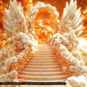 May include: A digital background featuring a golden staircase leading up to a large, oval-shaped golden frame with white wings on either side. The frame is surrounded by white roses and the background is a fiery orange sky with clouds.