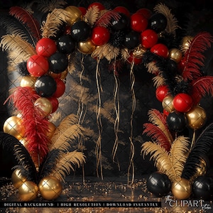May include: A black and red balloon arch with gold accents and red and gold feathers. The background is a dark gray with a textured pattern.