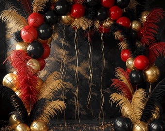 Elegant Black & Gold with red  Digital Photography Backdrop Feathers and Pampas Digital Background Modern Photography Birthday Anniversary
