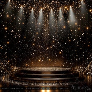May include: A black stage with a three-tiered platform, illuminated by spotlights. The background is a black curtain with a sparkling gold glitter effect.