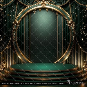 May include: A green and gold stage with a circular frame and a round platform. The stage is decorated with gold accents and a green velvet curtain.