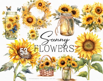 Watercolor Sunflowers Clipart fall sunflower floral bouquets PNG instant download commercial use sunflower PNG floral rustic clipart