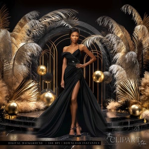 Elegant Black & Gold Digital Photography Backdrop Feathers and Pampas Digital Background Modern Photography Backdrop Birthday Anniversary
