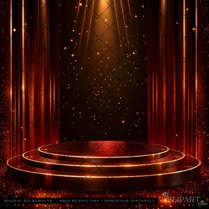 May include: A three-tiered red podium with gold trim sits on a dark background with gold glitter.  A spotlight shines down on the podium from above.