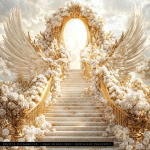 May include: A white, ornate, golden archway with white flowers and large white wings on either side. The archway leads to a set of white marble stairs.