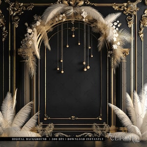 Elegant Black & Gold Digital Photography Backdrop Feathers and Pampas Digital Background Modern Photography Backdrop Birthday Anniversary