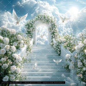 May include: A white archway adorned with white roses leads to a stairway ascending into a cloudy sky. White doves fly around the archway and stairway.