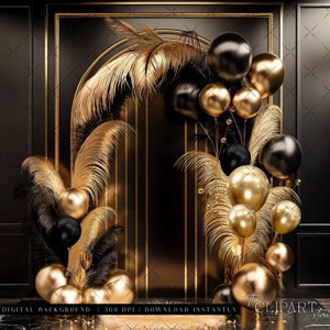 Elegant Black & Gold Digital Photography Backdrop Feathers and Pampas Digital Background Modern Photography Backdrop Birthday Anniversary