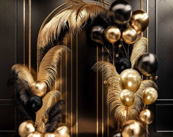 Elegant Black & Gold Digital Photography Backdrop Feathers and Pampas Digital Background Modern Photography Backdrop Birthday Anniversary