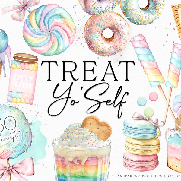 Treat Yo'Self A Delicious Clipart Collection | candy, sweets cake lollipops clipart set, watercolor clipart sweets pastry clipart collection