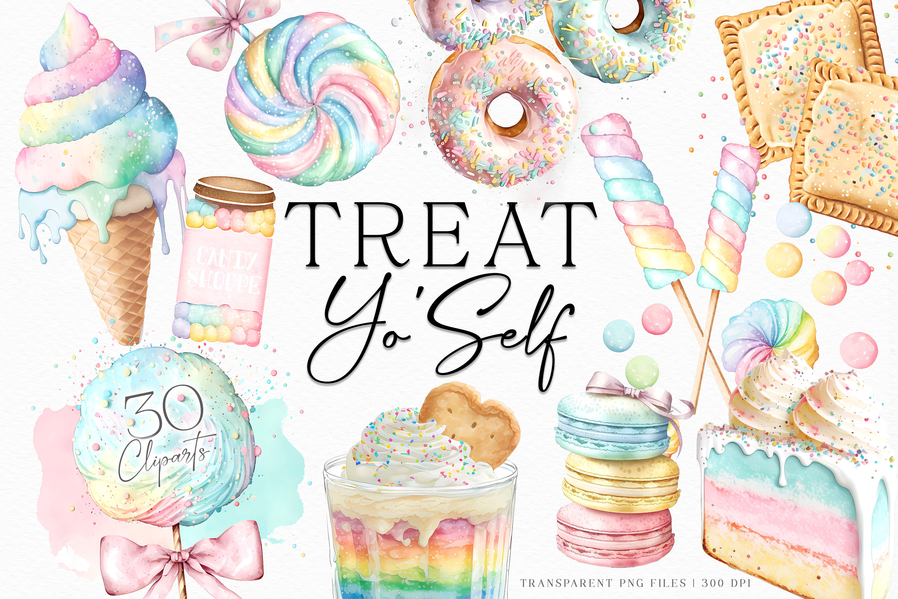 Treat Yo'Self A Delicious Clipart Collection | candy, sweets cake lollipops clipart set, watercolor clipart sweets pastry clipart collection