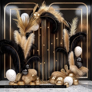 Elegant Black & Gold Digital Photography Backdrop Feathers and Pampas Digital Background Modern Photography Backdrop Birthday Anniversary
