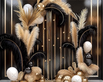 Elegant Black & Gold Digital Photography Backdrop Feathers and Pampas Digital Background Modern Photography Backdrop Birthday Anniversary