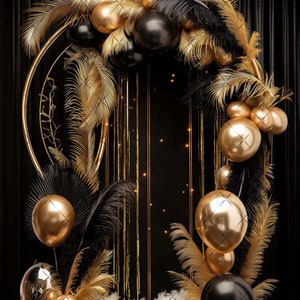 Elegant Black & Gold Digital Photography Backdrop Feathers and Pampas Digital Background Modern Photography Backdrop Birthday Anniversary