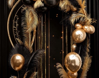 Elegant Black & Gold Digital Photography Backdrop Feathers and Pampas Digital Background Modern Photography Backdrop Birthday Anniversary