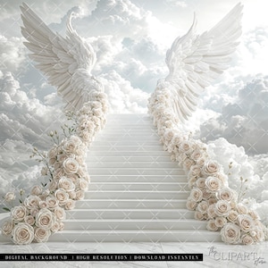 Puede incluir: Escaleras de piedra blanca que conducen a un par de grandes alas de ángel blancas, con rosas blancas que bordean los lados de las escaleras sobre un fondo de nubes blancas.