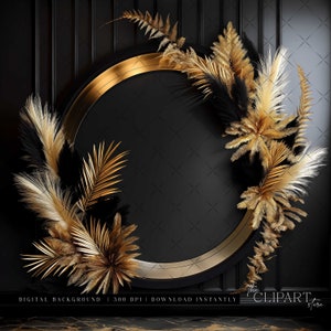 Elegant Black & Gold Digital Photography Backdrop Feathers and Pampas Digital Background Modern Photography Backdrop Birthday Anniversary