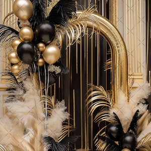 Elegant Black & Gold Digital Photography Backdrop Feathers and Pampas Digital Background Modern Photography Backdrop Birthday Anniversary