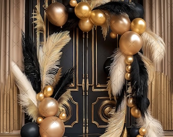Eleganter Black & Gold Digital Fotografie Hintergrund Federn und Pampas Digitaler Hintergrund Moderner Fotografie Hintergrund Geburtstag Jahrestag