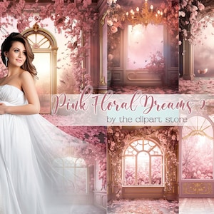 18 Digital Backdrops, Pink Floral Rooms, Maternity Backdrop Overlays, Photography Digital Background Overlays, Photoshop Textures Overlays