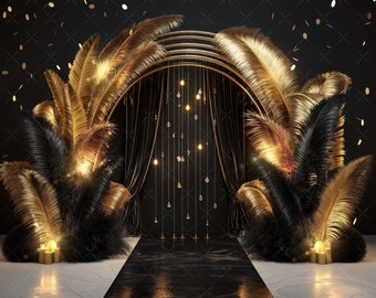 Eleganter Black & Gold Digital Fotografie Hintergrund Federn und Pampas Digitaler Hintergrund Moderner Fotografie Hintergrund Geburtstag Jahrestag