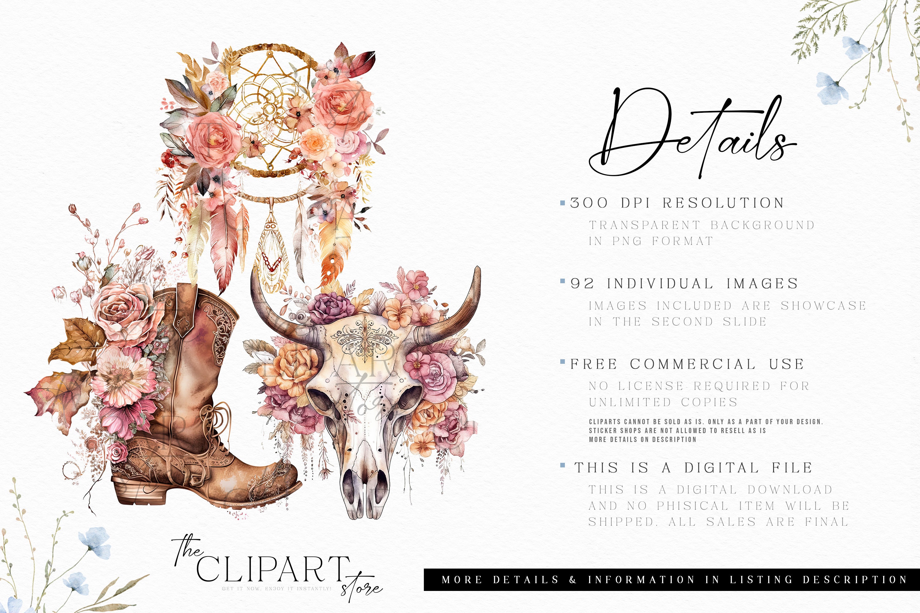 Watercolor Boho Rustic Clipart. Boho Western Clipart. Boho Clipart. Floral  Wedding Clipart. Bohemian Clipart. Instant Download. PNG Format - Etsy, image size:3000x2000