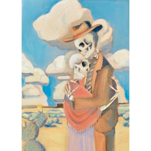 Art print of western skeleton couple hugging art print. One year anniversary gift. Original Oil Painting.