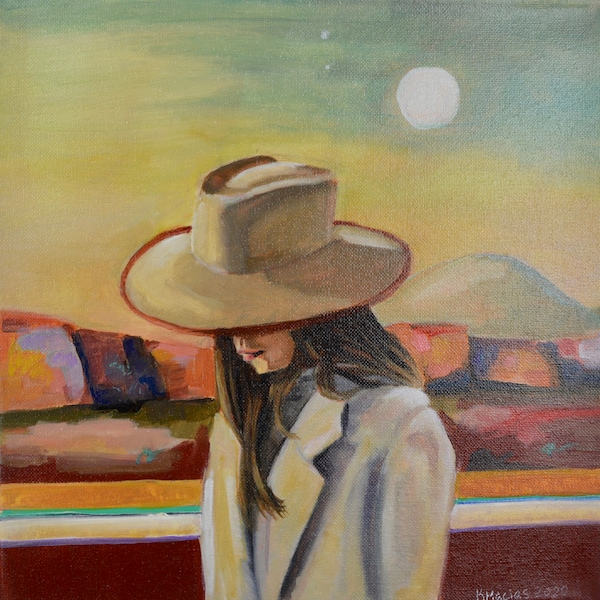 Western Boho Cowgirl - 70s inspired vintage cowgirl - 8x8 Art Print from Oil Painting
