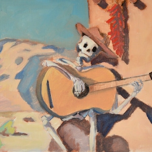 Art print of Cowboy Skeleton Guitarist. Boho Art Print. Mexican art. Chicano art. Original Oil Painting.