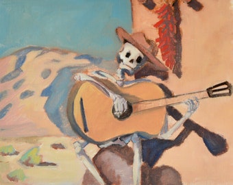 Art print of Cowboy Skeleton Guitarist. Cinco de Mayo Art Print. Mexican art. Chicano art. Original Oil Painting.