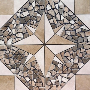 May include: A beige and brown mosaic tile floor with a large, white, four-pointed star design in the center.
