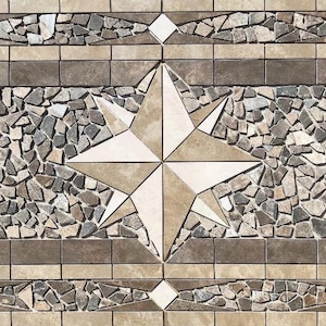 May include: Decorative tile design featuring a central starburst pattern in beige and tan, surrounded by a mosaic of small stones in shades of gray and brown. The border includes geometric shapes and diamond accents.