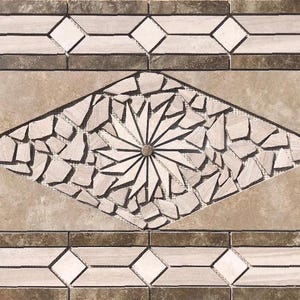 May include: A rectangular tile with a geometric design. The tile features a central diamond shape filled with a mosaic of light-colored stone pieces. The border is a mix of brown, beige, and white geometric shapes.