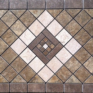 May include: A brown and white mosaic tile pattern with a diamond shape in the center. The tile pattern is made up of small square tiles.