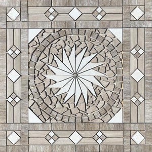 May include: A square tile mosaic with a central starburst design in white, surrounded by a circular pattern of small, irregular beige and brown tiles. The border features geometric patterns with diamonds and squares in white and beige.