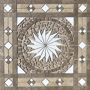 May include: Decorative tile with a mosaic design. The center features a white starburst pattern surrounded by brown and tan mosaic pieces. The border includes diamond and square accents in white and brown.
