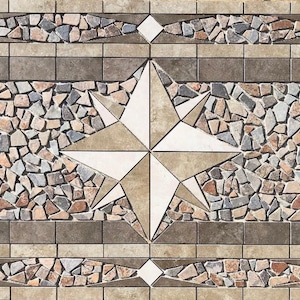 May include: A decorative tile with a compass rose design. The center features a starburst pattern in beige and white, surrounded by a mosaic of small, multi-colored stones. The border is a mix of square and rectangular tiles.