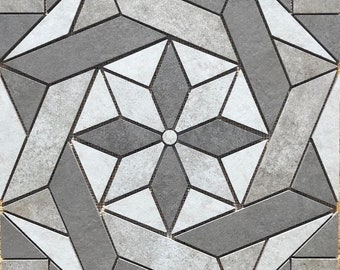 Handmade Porcelain Tile Medallion Mural: Gray Geometric Design (22.25")
