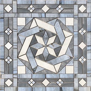 May include: A square tile mosaic with a geometric design. The mosaic features a central starburst pattern in white and gray, surrounded by angular shapes and borders in shades of blue and gray. Accents include diamond and square shapes.