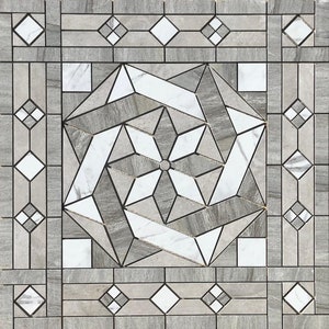 May include: A geometric mosaic tile design featuring a central starburst pattern in white and gray marble. The tile is surrounded by a border of smaller geometric shapes in the same colors.